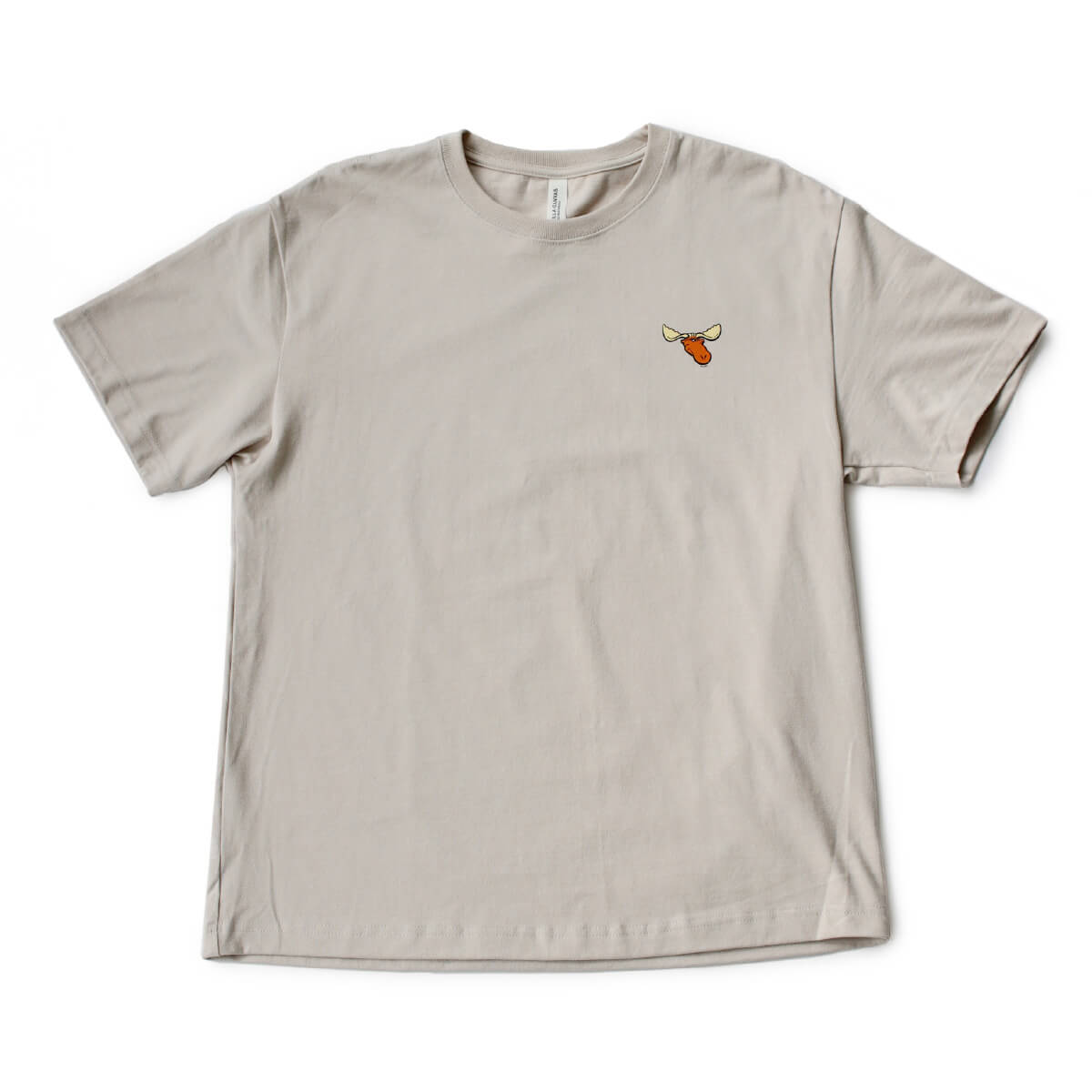 A light-colored t-shirt featuring a moose head logo on the left chest.
